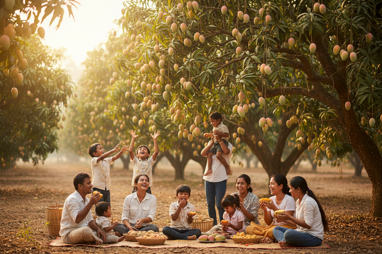mango trees and some people and kids below it picking and eating mangos its the image for the our story pages banner or hero